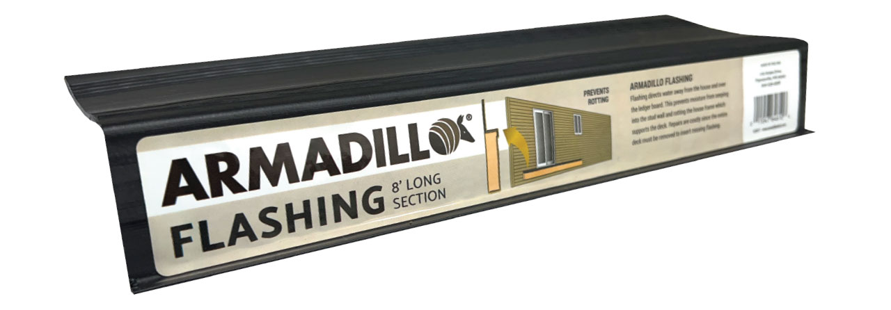 Armadillo black plastic deck flashing for protecting ledger boards from moisture