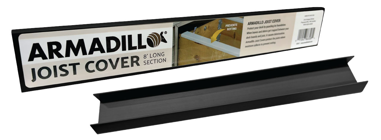 Armadillo black plastic joist covers for protecting deck substructure from water damage