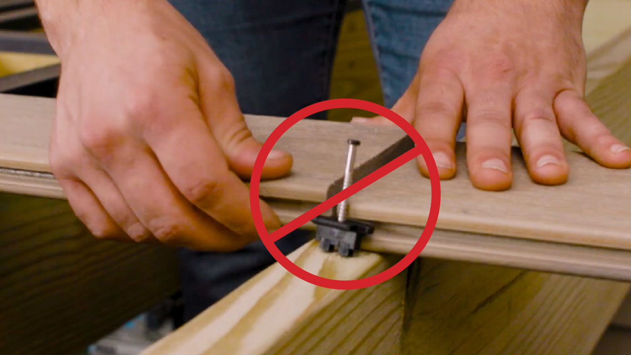 Composite decking showing proper installation to avoid butt joints, supporting picture framing and transition boards