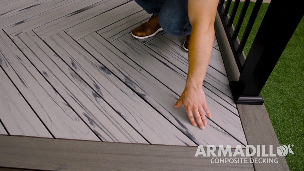 Herringbone composite decking pattern designed with Armadillo boards